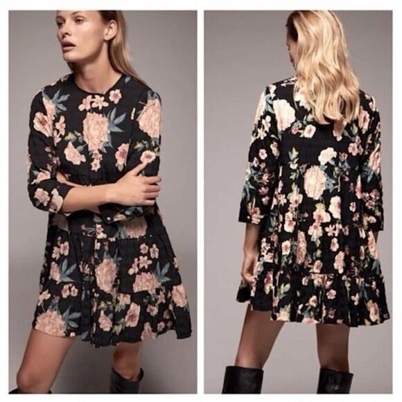 Zara Black Floral Print Baby Doll Mini Dress S Small long Sleeves Women’s boho - Picture 1 of 3